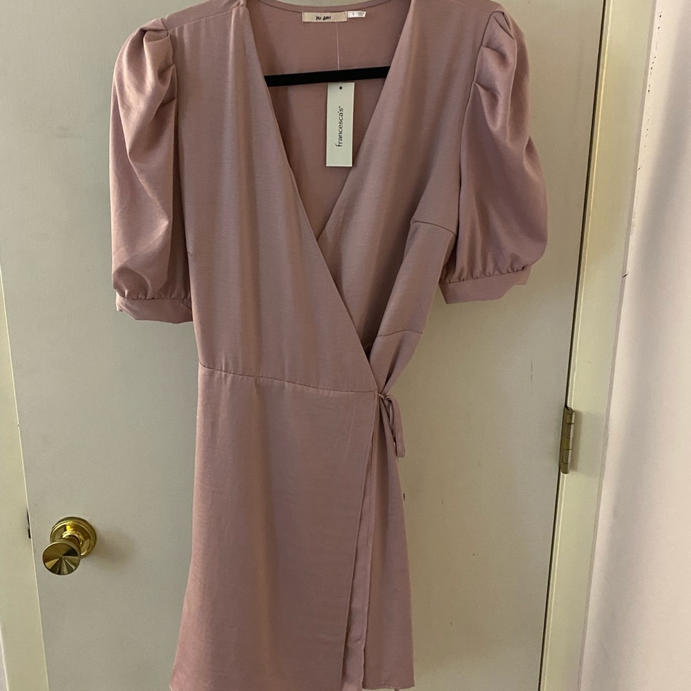 Pink, satin, wrap dress. L